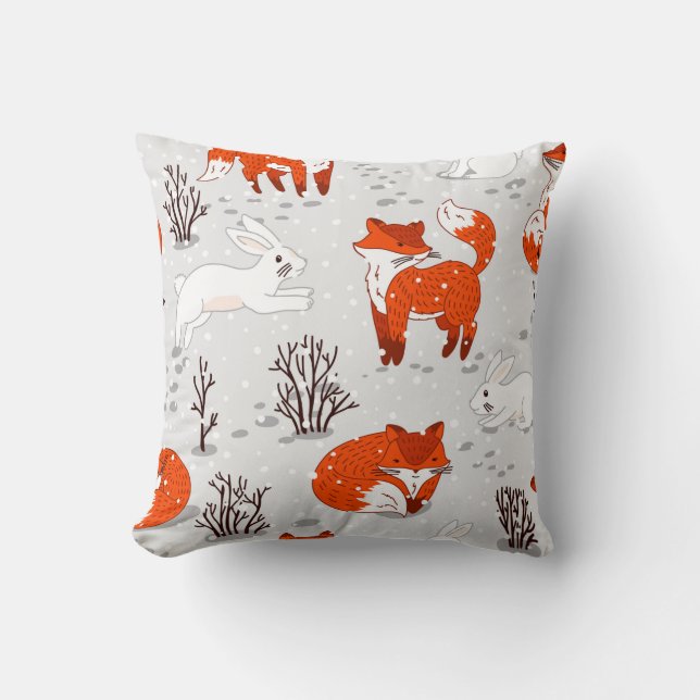 Winter seamless pattern with cute foxes and bunny. cushion (Front)