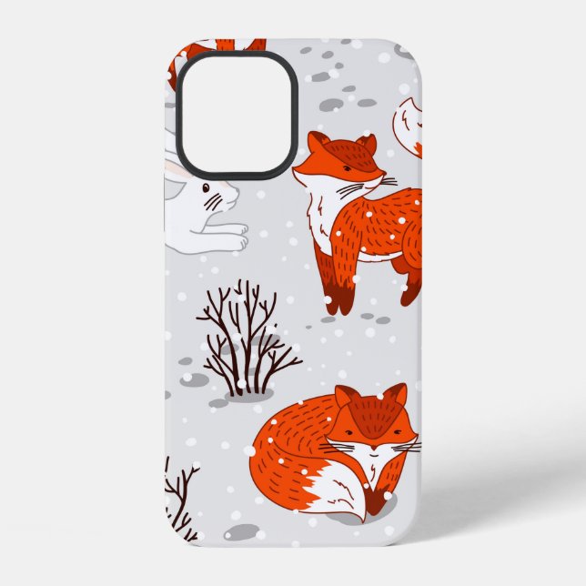 Winter seamless pattern with cute foxes and bunny. iPhone case (Back)