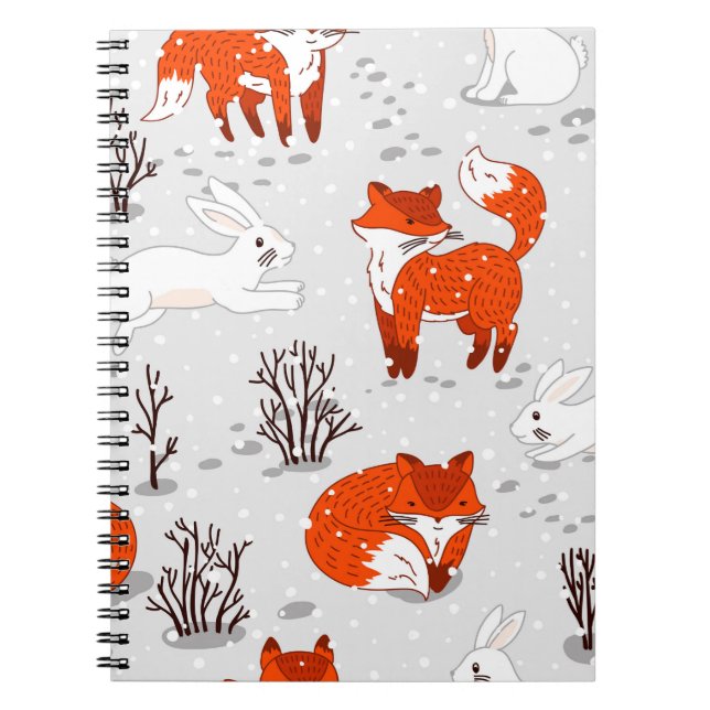 Winter seamless pattern with cute foxes and bunny. notebook (Front)