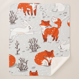 Winter seamless pattern with cute foxes and bunny. sherpa blanket