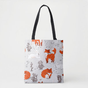 Winter seamless pattern with cute foxes and bunny. tote bag