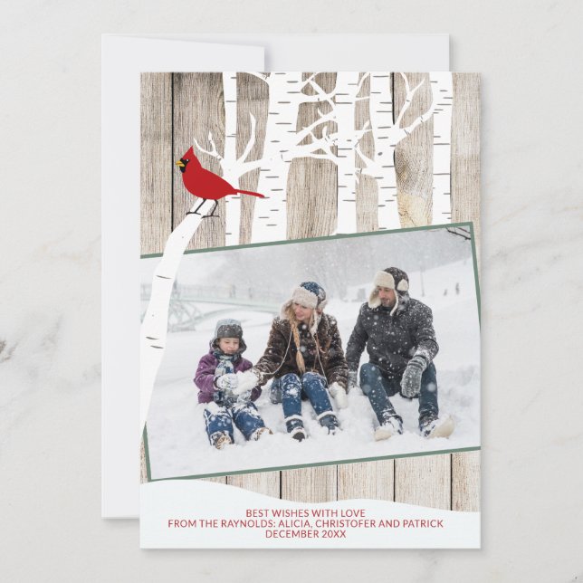 Winter seasonal birch trees photo rustic barn wood holiday card (Front)