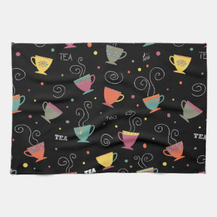 Winter seasonal steaming tea cups colourful design towel