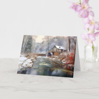Winter Serenity: A Snow-Covered Watermill Card