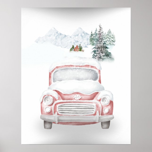 Winter Serenity: Snowy Mountain Landscape with Car Poster (Front)