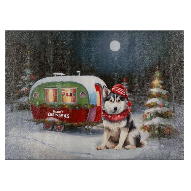 Winter Siberian Husky Caravan Christmas Adventure Cutting Board (Front)