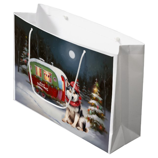 Winter Siberian Husky Caravan Christmas Adventure Large Gift Bag (Front Angled)