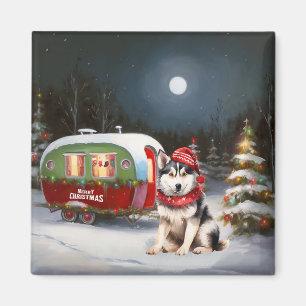 Winter Siberian Husky Caravan Christmas Adventure Magnet