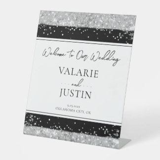 Winter Silver and Black Glitter Wedding Welcome Pedestal Sign