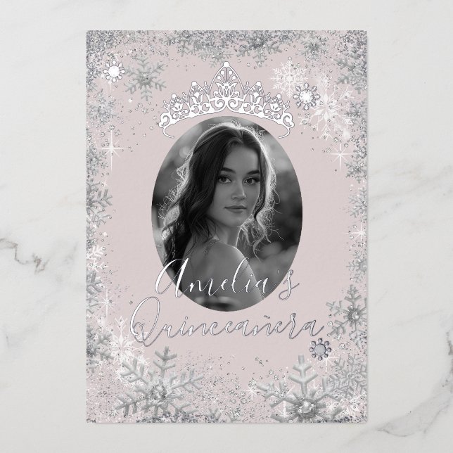 Winter Silver Beige Snowflake Photo Quinceanera (Front)