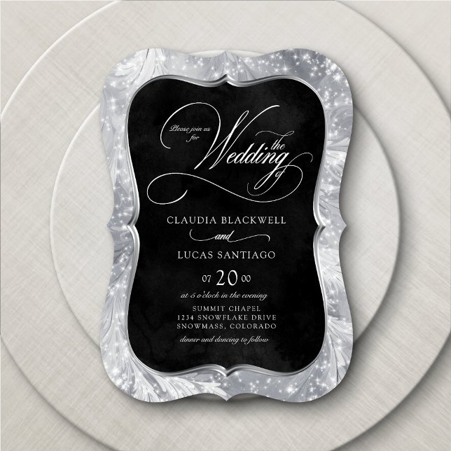 Winter Silver Black Sparkles Wedding Invitation (Creator Uploaded)