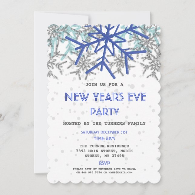 Winter Silver Blue Snowflake NEW YEARS EVE PARTY Invitation (Front)