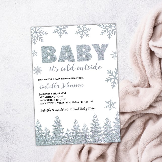Winter Silver Glitter Baby Shower Cold Outside Invitation (winter wonderland baby shower invitation silver glitter woodland)