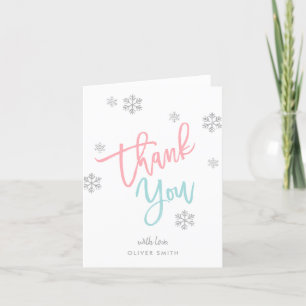 Winter Silver Glitter Snowflake Pink & Blue Folded Thank You Card