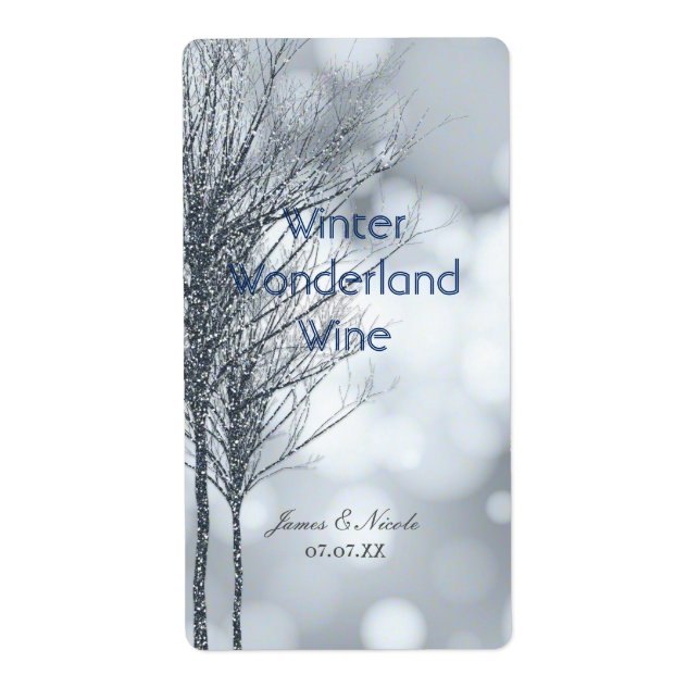 Winter Silver Glitter Trees Elegant Wine Label (Front)