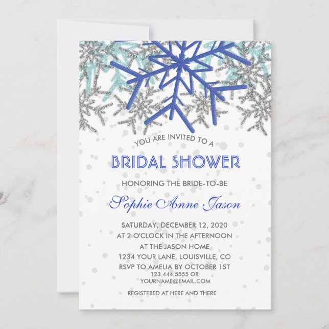 Winter Silver Navy Blue Snowflakes Bridal Shower Invitation (Front)