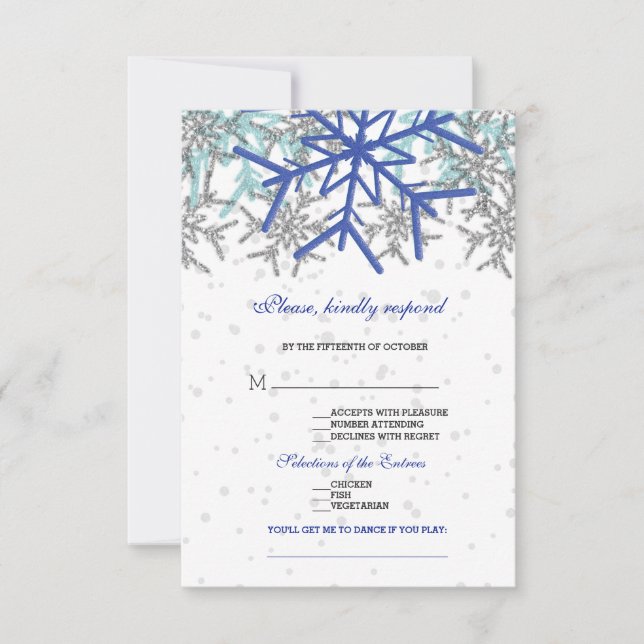 Winter Silver Navy Blue Snowflakes Wedding RSVP Card (Front)