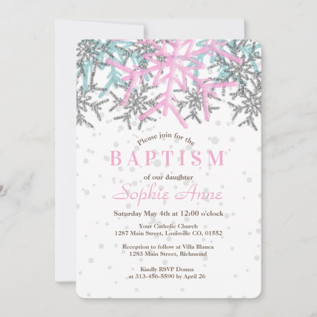 Winter Silver Pink Snowflake Baptism Invite (Front)