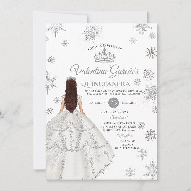 Winter Silver Quinceañera 15 Anos Snowflakes Party Invitation (Front)