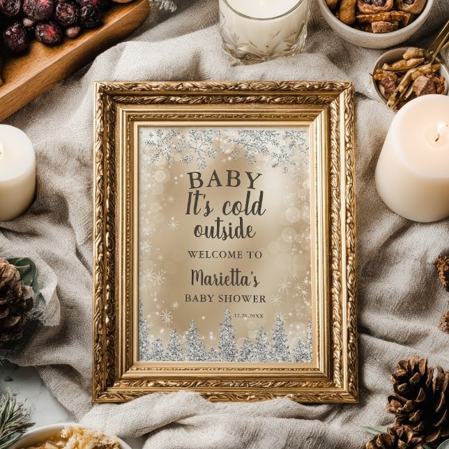 Winter silver snow pine gold welcome baby shower poster (Winter silver snow pine gold welcome baby shower poster)