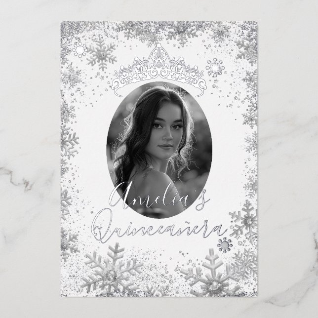 Winter Silver Snowflake Photo Quinceanera (Front)