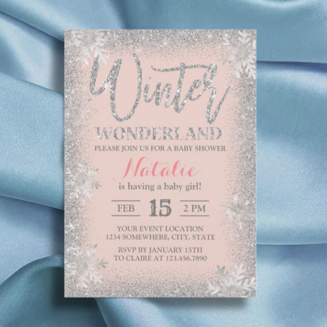 Winter Silver Snowflakes Blush Pink Baby Shower Invitation (Creator Uploaded)
