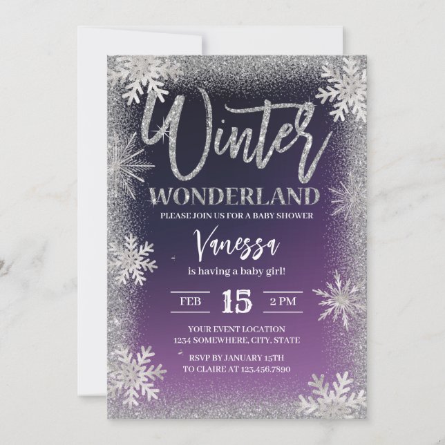 Winter Silver Snowflakes Purple Baby Shower Invitation (Front)