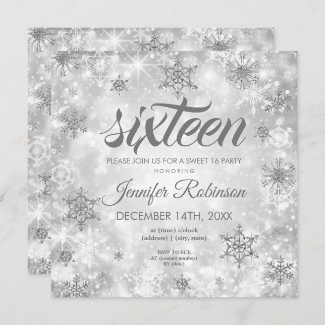 Winter Silver Sweet 16 Glitter Sparkle Invitation (Front/Back)