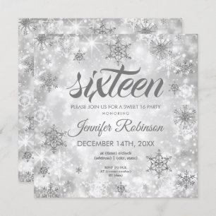 Winter Silver Sweet 16 Glitter Sparkle Invitation