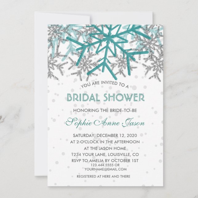 Winter Silver Turquoise Snowflakes Bridal Shower Invitation (Front)