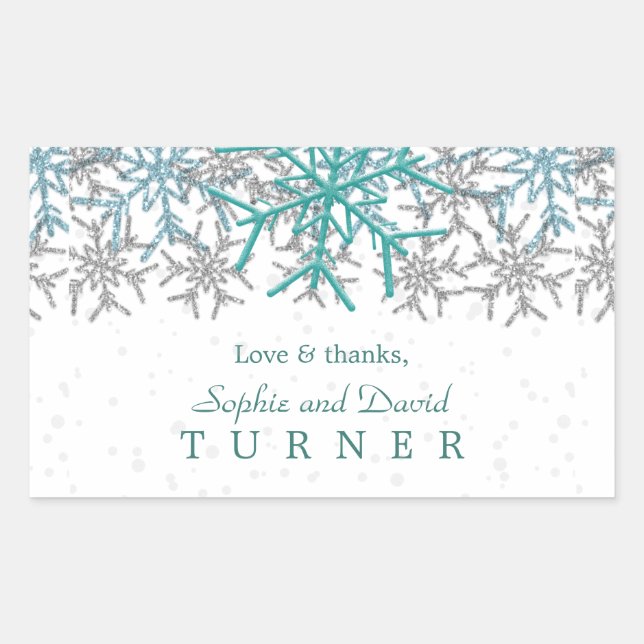 Winter Silver Turquoise Snowflakes Wedding Rectangular Sticker (Front)
