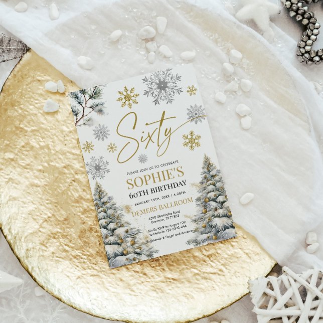 Winter Sixty Birthday Invitation Gold and Silver (Creator Uploaded)