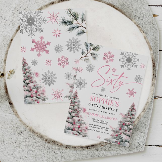 Winter Sixty Birthday Invitation, Pink and Silver Invitation (Creator Uploaded)