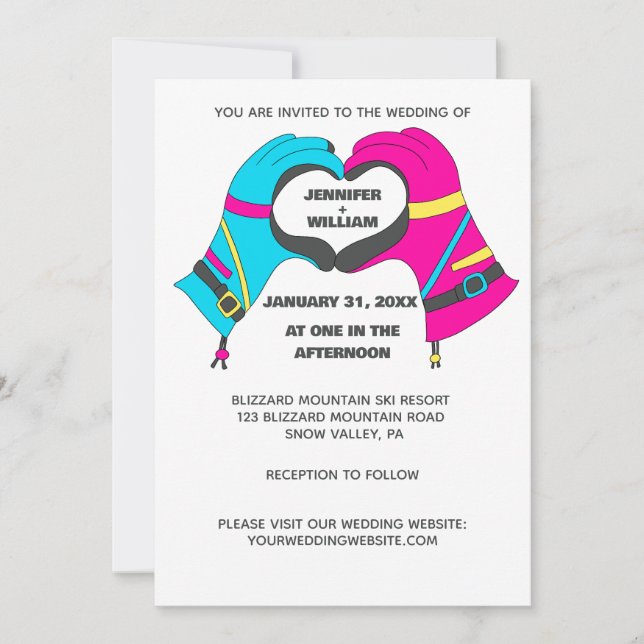 Winter Ski Gloves Hands in Heart Shape Wedding Invitation (Front)