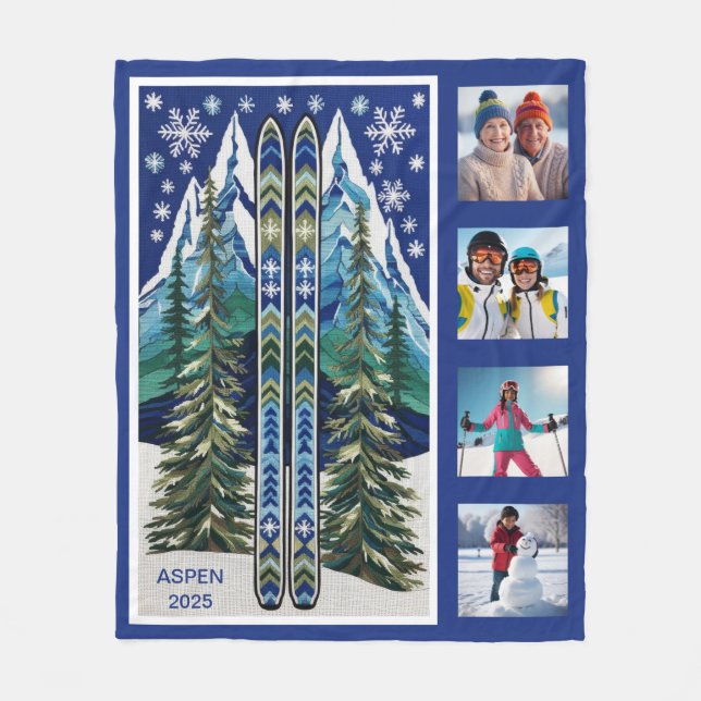Winter Ski Vacation Photo Collage Fleece Blanket (Front)