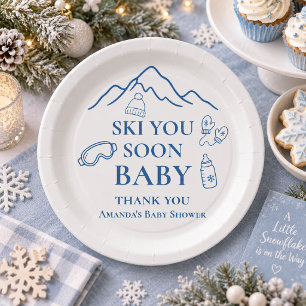 Winter Ski You Soon Blue Boy Baby Shower Paper Plate
