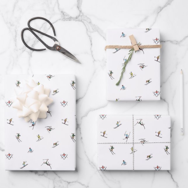 Winter Skiers In Action Pattern Wrapping Paper Sheet (Front)