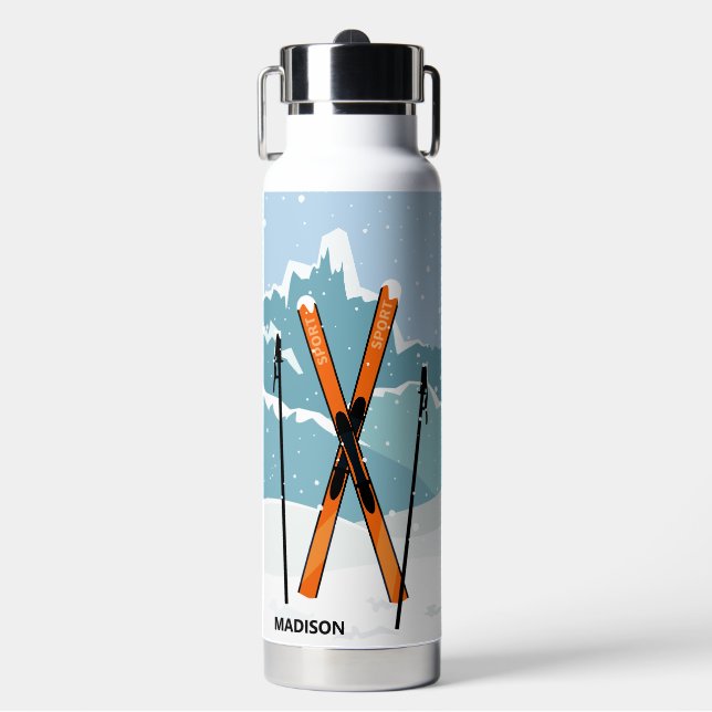 Winter Skiing custom name Water Bottle (Front)