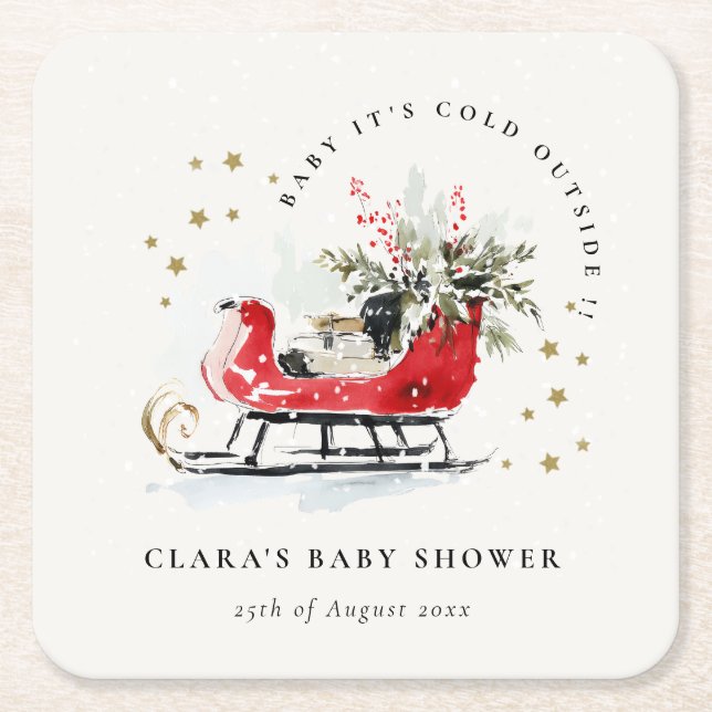 Winter Sleigh Its Cold Outside Neutral Baby Shower Square Paper Coaster (Front)