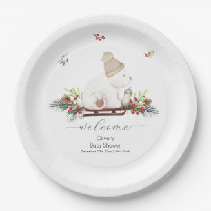 Winter Sleigh Polar Bear Baby Shower Welcome  Paper Plate