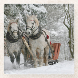 Winter Sleigh Ride Colour Image Glass Coaster