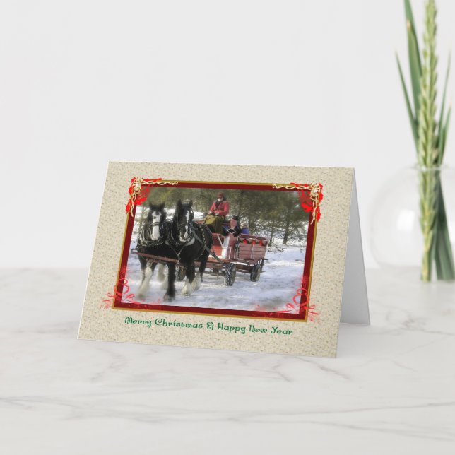 Winter Sleigh Ride, Merry Christmas, Happy New Yea Holiday Card (Front)