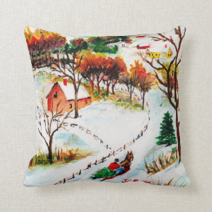 Winter Sleigh Ride Mountain Christmas Watercolor Cushion