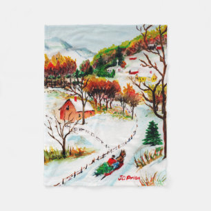 Winter Sleigh Ride Mountain Christmas Watercolor Fleece Blanket