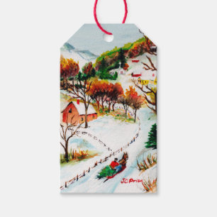 Winter Sleigh Ride Mountain Christmas Watercolor Gift Tags