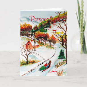 Winter Sleigh Ride Mountain Christmas Watercolor Holiday Card