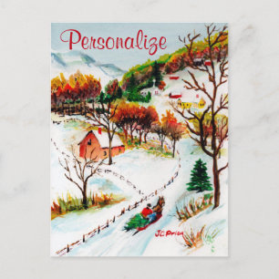 Winter Sleigh Ride Mountain Christmas Watercolor Holiday Postcard
