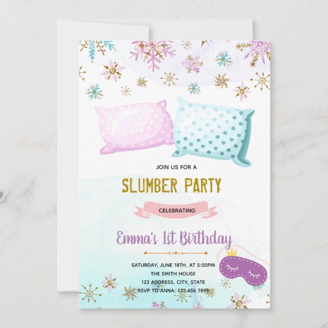 Winter slumber sleepover birthday invitation (Front)