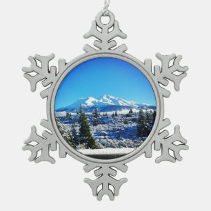 Winter Snow at Mount Shasta, CA Snowflake Pewter Christmas Ornament