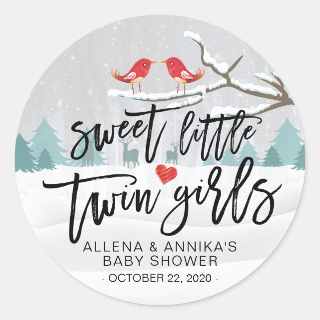 Winter Snow Baby Shower Sweet Little Twin Girls Classic Round Sticker (Front)